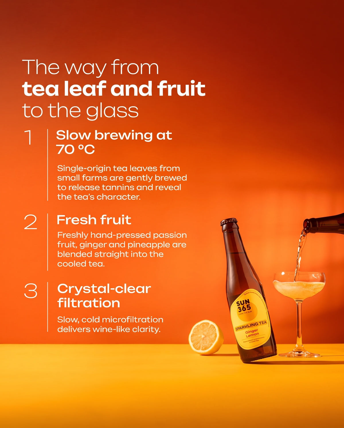 The way from tea leaf and fruit to the glass — slow brewing, fresh fruit, crystal-clear filtration