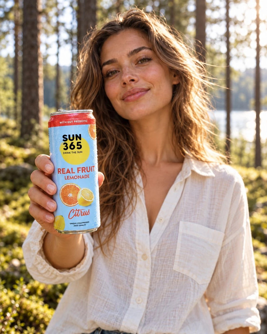 SUN365 Real Fruit Lemonade Citrus can held up in a sunny pine forest